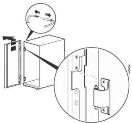 Technical diagram showing a door lock system with an inset close-up of the lock mechanism and directional arrows indicating flow or movement.