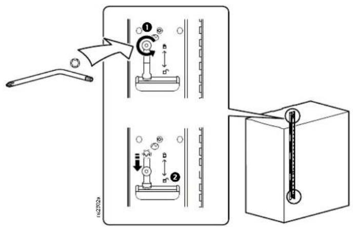Diagram illustrating a mechanical assembly process with labeled parts and directional arrows, including a switch and lock mechanism.