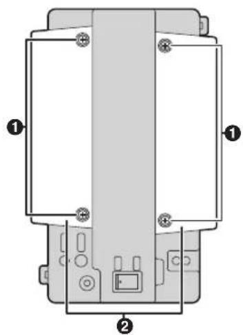 Technical diagram of a device rear panel with labeled components and mounting points