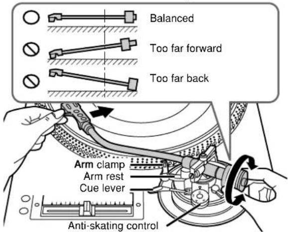 Balanced Too far forward Too far back Arm clamp Arm rest Cue lever Anti-skating control