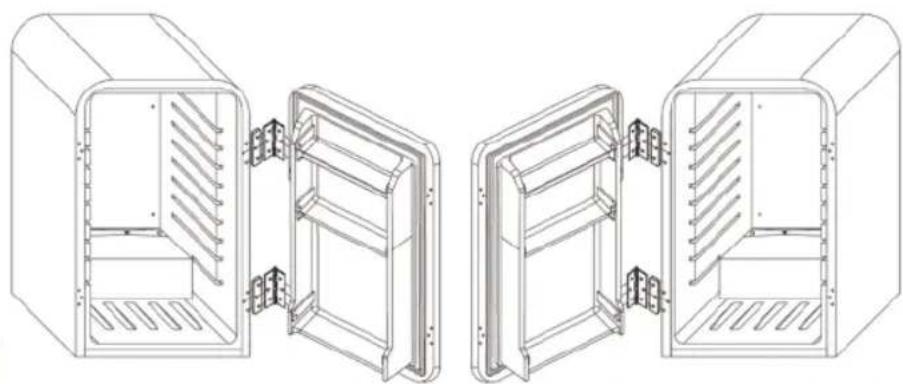 Technical line drawing of two open industrial storage cabinets with internal compartments and ventilation grilles (no text or symbols)