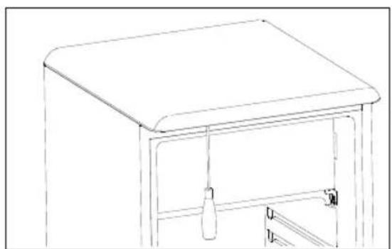 Line drawing of a simple cabinet or storage unit with a lid and handle, no text or symbols present