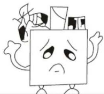 Cartoon character with sad face and broken arms, surrounded by floating objects (no text or symbols)