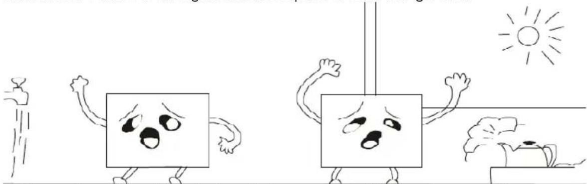 Cartoon illustration of two anthropomorphic blocks with angry faces and expressive gestures, set against a sun and leafy plant (no text or symbols)