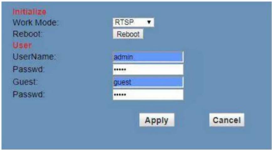 Initialize Work Mode: RTSP Reboot: Reboot User UserName: admin Passwd: .......... Guest: guest Passwd: .......... Apply Cancel