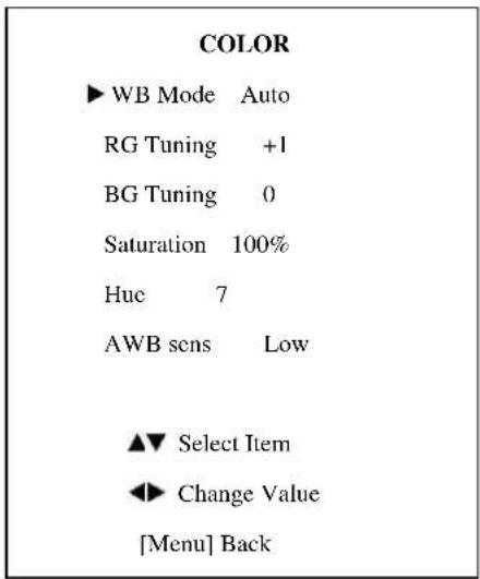 COLOR ► WB Mode Auto RG Tuning +1 BG Tuning 0 Saturation 100% Huc 7 AWB sens Low ▲▼ Select Item ◄► Change Value [Menu] Back