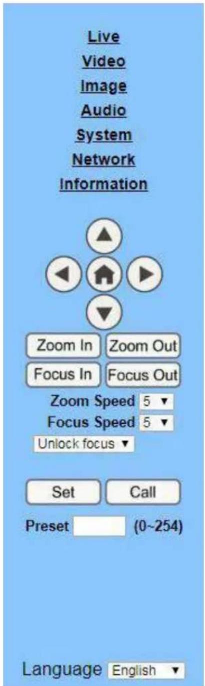Live Video Image Audio System Network Information Zoom In Zoom Out Focus In Focus Out Zoom Speed 5 ▼ Focus Speed 5 ▼ Unlock focus ▼ Set Call Preset (0~254) Language English ▼