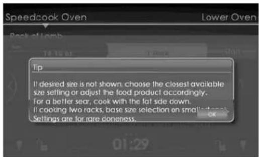 Speedcook Oven Lower Oven Tip If desired size is not shown, choose the closest available size setting or adjust the food product accordingly. For a better sear, cook with the fat side down. If cooking two racks, base size selection on small sizes Settings are for rare doteness.