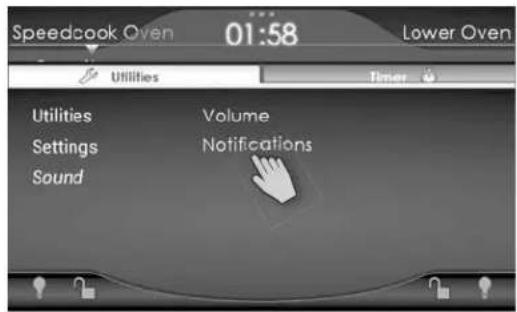 Speedcook Oven 01:58 Lower Oven Utilities Timer Utilities Volume Settings Notifications Sound