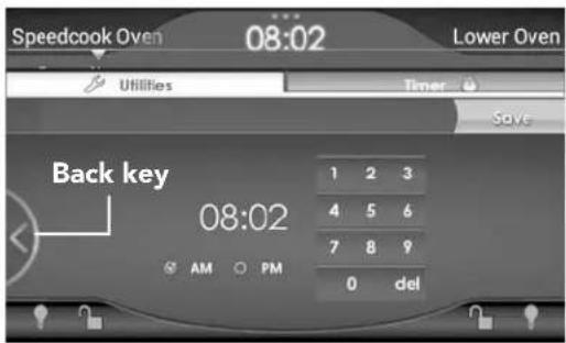 Speedcook Oven 08:02 Lower Oven Utilities Timer Save Back key 08:02 1 2 3 4 5 6 7 8 9 0 del AM PM