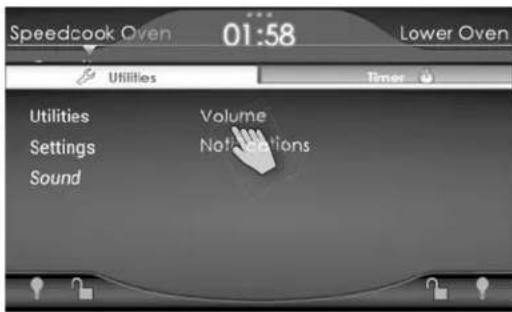 Speedcook Oven 01:58 Lower Oven Utilities Timer Utilities Volume Settings Notifications Sound