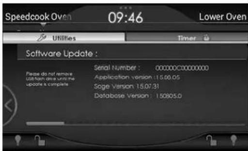 Speedcook Oven 09:46 Lower Oven Utilities Timer Software Update : Please do not remove utilism data until the update is complete Serial Number : 000000C0000000 Application version :15.00.05 Soge Version :15.07.31 Database Version :150805.0