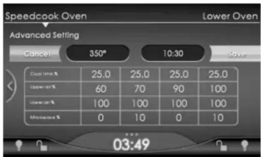 Speedcook Oven Lower Oven Advanced Setting Cancel 350° 10:30 Save Clear time % 25.0 25.0 25.0 25.0 Upper at % 60 70 90 100 Lower at % 100 100 100 100 Microwave % 0 10 0 10 *** 03:49