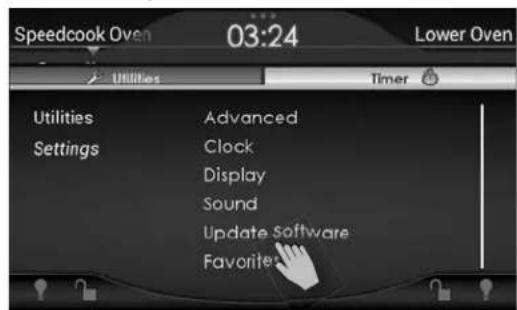 Speedcook Oven 03:24 Lower Oven Utilities Timer Utilities Advanced Settings Clock Display Sound Update Software Favorite