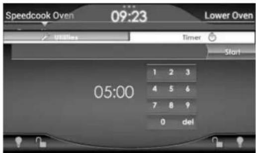 Speedcook Oven 09:23 Lower Oven Utilities Timer Start 05:00 1 2 3 4 5 6 7 8 9 0 del