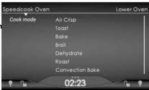 Speedcook Oven Cook mode Air Crisp Toast Bake Broil Dehydrate Roast Convection Bake 02:23 Lower Oven