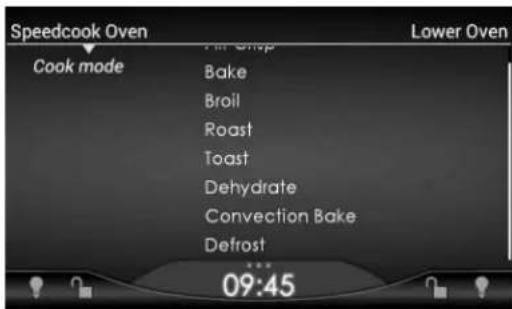 Speedcook Oven Cook mode Air Shop Bake Broil Roast Toast Dehydrate Convection Bake Defrost 09:45 Lower Oven