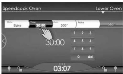 Speedcook Oven Bake 30:00 500° Probe Star! 1 2 3 4 5 6 7 8 9 0 del 30:00 03:07 Lower Oven