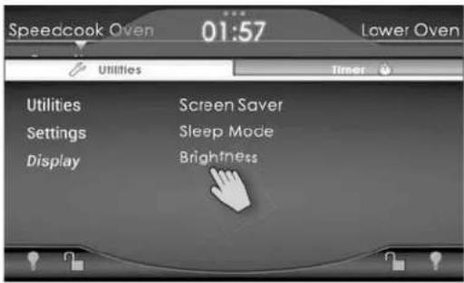Speedcook Oven 01:57 Lower Oven Utilities Timer Utilities Screen Saver Settings Sleep Mode Display Brightness