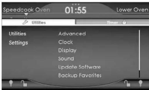 Speedcook Oven 01:55 Lower Oven Utilities Timer Utilities Advanced Settings Clock Display Sound Update Software Backup Favorites