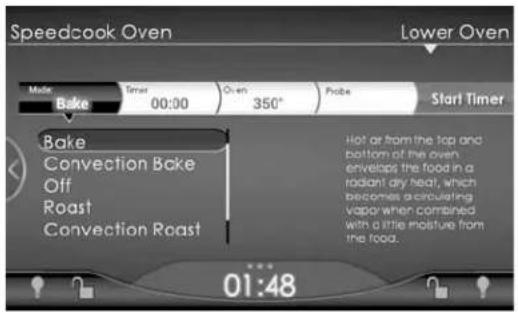 Speedcook Oven Lower Oven Made Bake Timer 00:00 Oven 350° Probe Start Timer Bake Convection Bake Off Roast Convection Roast Hot at from the top and bottom of the oven envelops the food in a radiant dry heat, which becomes a circulating vapor when combined with a little moisture from the food. 01:48