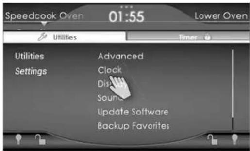 Speedcook Oven 01:55 Lower Oven Utilities Timer Utilities Advanced Settings Clock Display Sound Update Software Backup Favorites