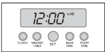 12:00 SET® CLOCK MIN/SEC TIMER SET BAKE TIME START TIME