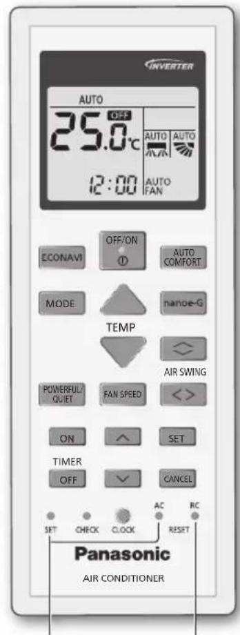 INVERTER AUTO 25.0°C 12:00 AUTO FAN ECONAVI OFF/ON AUTO COMFORT MODE nanoe-G TEMP AIR SWING POWERFUL/ QUET FAN SPEED ON SET TIMER CANCEL OFF SET CHECK CLOCK AC RC Panasonic AIR CONDITIONER