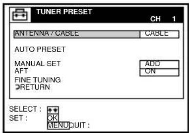 TUNER PRESET CH 1 ANTENNA / CABLE CABLE AUTO PRESET MANUAL SET AFT FINE TUNING RETURN ADD ON SELECT : OK MENUQUIT :