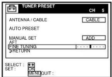 TUNER PRESET CH 5 ANTENNA / CABLE CABLE AUTO PRESET MANUAL SET AFT ADD FINE TUNING RETURN SELECT : OK MENDQUIT :