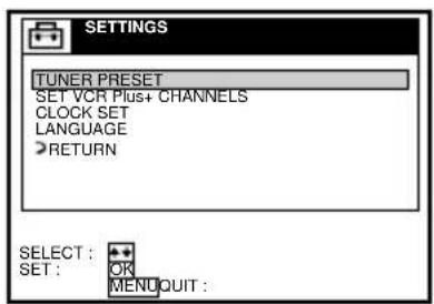 TUNER PRESET SET VCR Plus+ CHANNELS CLOCK SET LANGUAGE RETURN SELECT : SET : OK MENOUIT :
