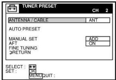 TUNER PRESET CH 2 ANTENNA / CABLE ANT AUTO PRESET MANUAL SET ADD AFT ON FINE TUNING RETURN SELECT : OK SET : MENUQUIT :