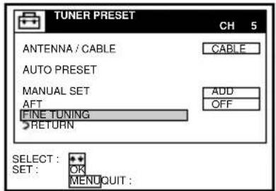 TUNER PRESET CH 5 ANTENNA / CABLE CABLE AUTO PRESET MANUAL SET AFT FINE TUNING ADD OFF RETURN SELECT : OK MENQUIT :