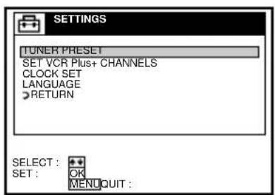 SETTINGS TUNER PRESET SET VCR Plus+ CHANNELS CLOCK SET LANGUAGE RETURN SELECT : ++ SET : OK MEND QUIT :