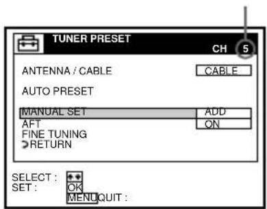 TUNER PRESET CH 5 ANTENNA / CABLE CABLE AUTO PRESET MANUAL SET ADD AFT ON FINE TUNING RETURN SELECT : OK MENUQUIT :