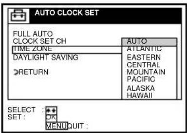 AUTO CLOCK SET FULL AUTO CLOCK SET CH TIME ZONE DAYLIGHT SAVING RETURN AUTO ATLANTIC EASTERN CENTRAL MOUNTAIN PACIFIC ALASKA HAWAII SELECT : SET : OR MENU QUIT :