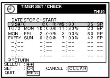 TIMER SET / CHECK THU9 DATE STOP CHSTART 9 S&TO 8:0 PM PM 0:00 35 SP 10/2 MON 10:00AM 11:30AM 20 EP MON - FRI 2:00PM 3:00PM 60 EP EVERY SUN 6:30AM 7:00AM 42 EP - /-- - :--- - :--- - :--- - /-- - :--- - :--- - :--- - /-- - :--- - :--- - :--- - /-- - :--- - :--- - :--- RETURN SELECT :●● SET :OK CANCEL :CLEAR QUIT :MENU