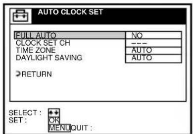 AUTO CLOCK SET FULL AUTO NO CLOCK SET CH --- TIME ZONE AUTO DAYLIGHT SAVING AUTO RETURN SELECT: ** SET: OK MENI QUIT: