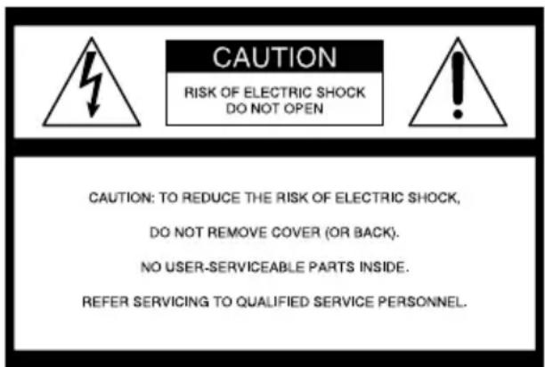 CAUTION RISK OF ELECTRIC SHOCK DO NOT OPEN CAUTION: TO REDUCE THE RISK OF ELECTRIC SHOCK, DO NOT REMOVE COVER (OR BACK). NO USER-SERVICEABLE PARTS INSIDE. REFER SERVICING TO QUALIFIED SERVICE PERSONNEL.