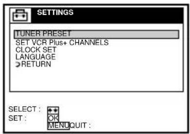 SETTINGS TUNER PRESET SET VCR Plus+ CHANNELS CLOCK SET LANGUAGE RETURN SELECT : SET : OK MENUQUIT :