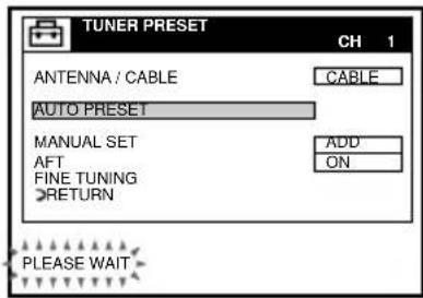 TUNER PRESET CH 1 ANTENNA / CABLE CABLE AUTO PRESET MANUAL SET ADD AFT ON FINE TUNING RETURN PLEASE WAIT