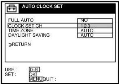 AUTO CLOCK SET FULL AUTO NO CLOCK SET CH 123 TIME ZONE AUTO DAYLIGHT SAVING AUTO RETURN USE: 0-9 SET: OK MENUQUIT: