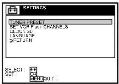 SETTINGS TUNER PRESET SET VCR Plus+ CHANNELS CLOCK SET LANGUAGE RETURN SELECT : SET : OK MENUQUIT :