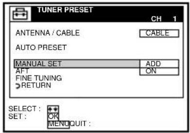 TUNER PRESET CH 1 ANTENNA / CABLE CABLE AUTO PRESET MANUAL SET ADD AFT ON FINE TUNING RETURN SELECT : OK MENUQUIT :