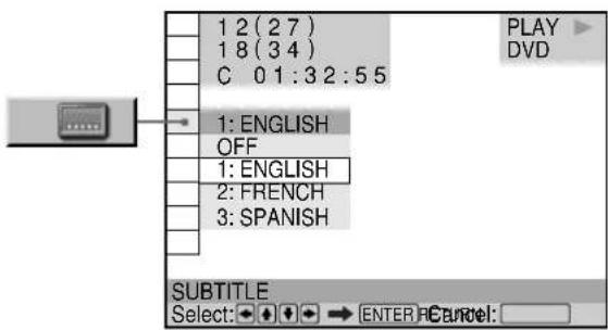 1 2 (2 7) 1 8 (3 4) C 0 1:3 2:5 5 1: ENGLISH OFF 1: ENGLISH 2: FRENCH 3: SPANISH PLAY DVD SUBTITLE Select: → ENTER Cancel: