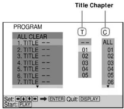 Title Chapter PROGRAM ALL CLEAR 1. TITLE -- 2. TITLE -- 3. TITLE -- 4. TITLE -- 5. TITLE -- 6. TITLE -- 7. TITLE -- T C -- ALL 01 01 02 02 03 03 04 04 05 05 06 Set: ← → ENTER Quit: DISPLAY Start: PLAY