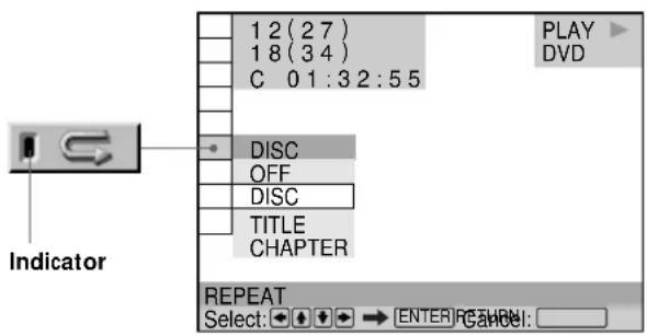 1 2 (2 7) 1 8 (3 4) C 0 1 : 3 2 : 5 5 PLAY DVD Indicator DISC OFF DISC TITLE CHAPTER REPEAT Select: → ENTER SCREEN: