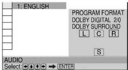 1: ENGLISH PROGRAM FORMAT DOLBY DIGITAL 2/0 DOLBY SURROUND L C R S AUDIO Select: → ENTER