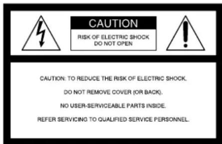 CAUTION RISK OF ELECTRIC SHOCK DO NOT OPEN CAUTION: TO REDUCE THE RISK OF ELECTRIC SHOCK. DO NOT REMOVE COVER (OR BACK). NO USER-SERVICEABLE PARTS INSIDE. REFER SERVICING TO QUALIFIED SERVICE PERSONNEL.