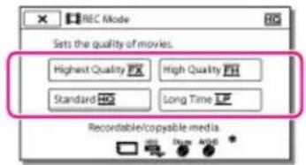 REC Mode Sets the quality of movies. Highest Quality FX High Quality GH Standard HG Long Time IP Recordable/copyable media.